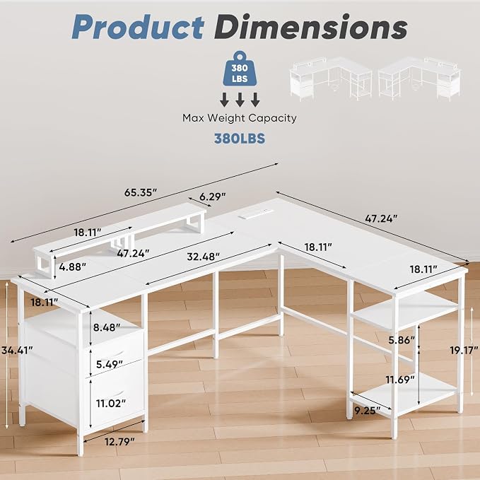 DUMOS L Shaped Gaming Desk with Charging Station & 2 Monitor Stands, Computer Desk with Drawer & Adjustable Storage Shelves, Large Corner Desk for Home Office, 62 Inch White