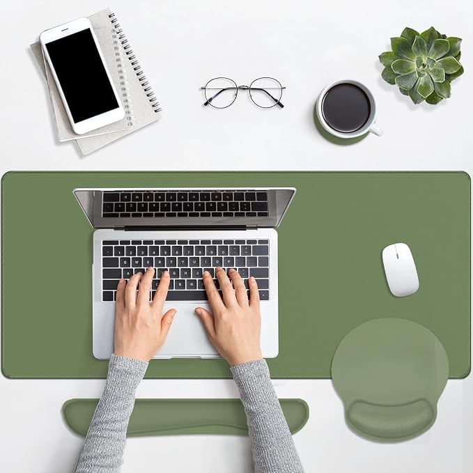 Keyboard Mouse Pad Set, 4 in 1 Desk Mat Set, Olive Green | Large Mousepad+Keyboard Wrist Rest+Mouse Wrist Rest+Coaster Ergonomic Design for Home Office Computer