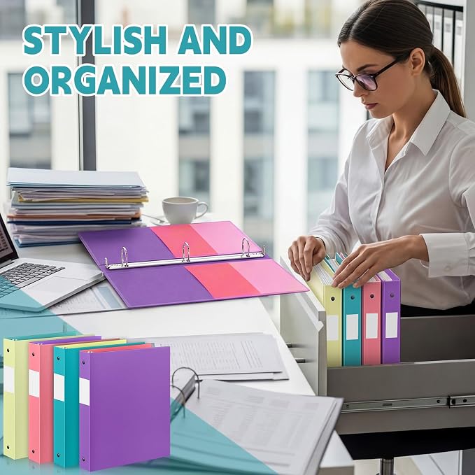 Henoyso 4 Pack Two-Tone Durable 3 Ring Binders 1 Inch, 4 Inner Pockets, Colored Plastic Flexible Binders with Large Capacity for School & Office