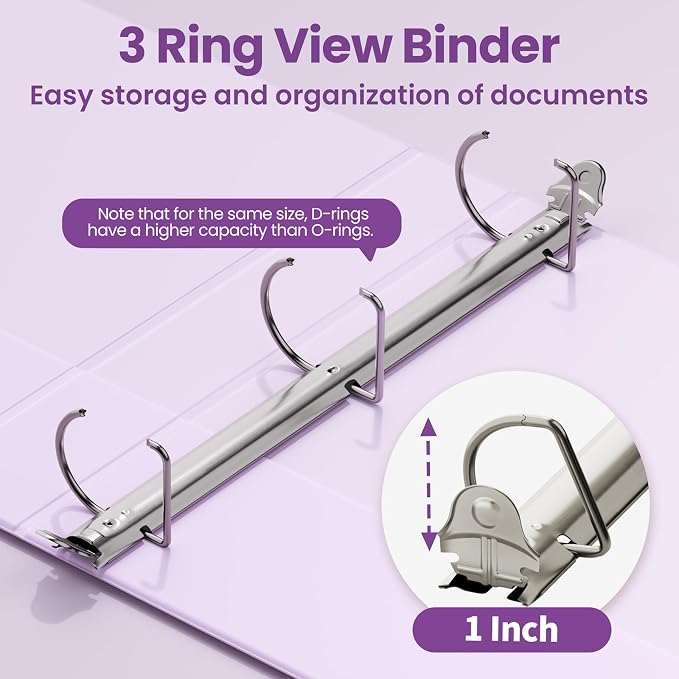 SUNEE 3 Ring Binder 1 Inch D Ring, Clear View Binder Three Ring PVC-Free (Fit 8.5x11 Inches) for School or Office Supplies, Light Purple, 1 Pack