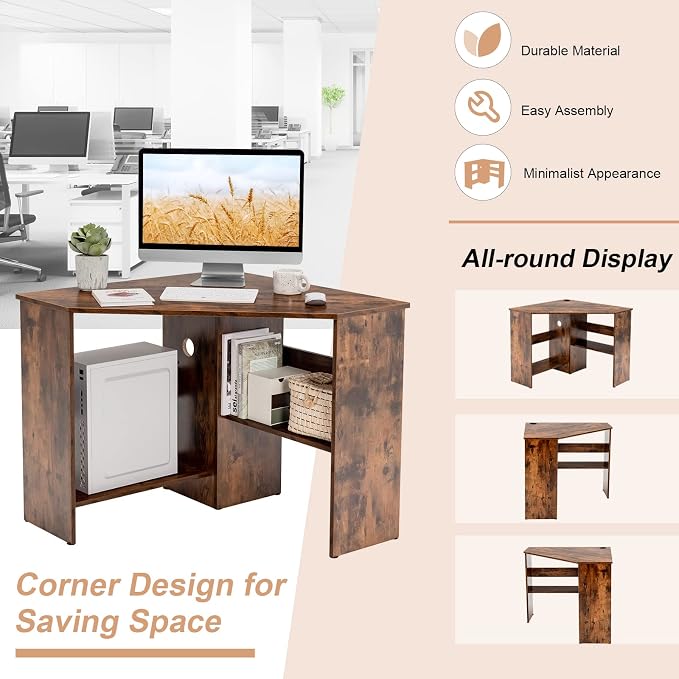 Tangkula Corner Desk, 90 Degrees Triangle Computer Desk for Small Space, Bedroom Makeup Vanity Desk with Storage Shelves & CPU Stand, Space Saving