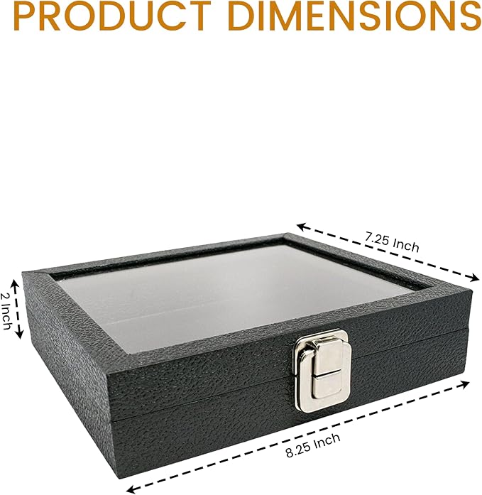 Novel Box Jewelry Organizer Box Black Leatherette 8.25x7.25x2 Half Size Glass Jewelry Box with Lid with Metal Clasp - Gem Display Case - Jewelry Display Case for Necklaces Bracelets Rings Accessories