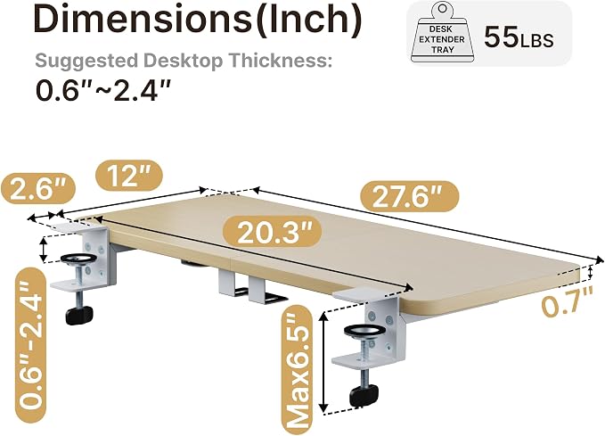 Desk Extender Tray, 28" x 12", with Laptop Holder, Large, Wood | Desk Extension, Clamp on Desk Shelf, Clamp On Keyboard Tray for Office and Home, Workstation Organizer