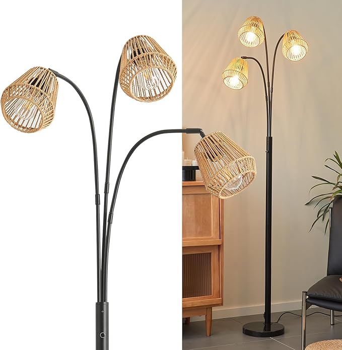 Rattan Floor Lamp for Living Room, 72'' 3-Light Boho Standing Lamp | Heavy Natural Marble Base, 1/2/3-Light Rotary Switch, Wicker Shades for Reading Corners Bedrooms