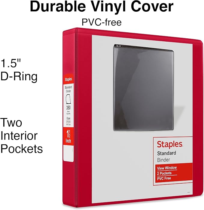 Staples 1 1/2" 3-Ring View Binders, D-Ring, Red, 4/Pack