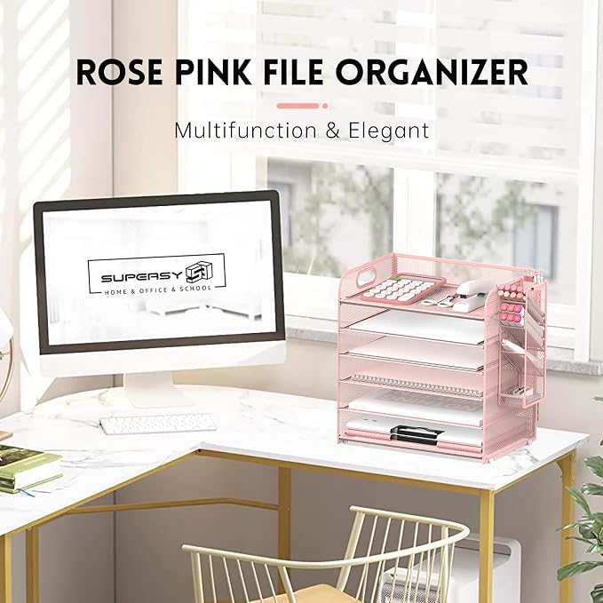 6 Tier Desk Organizer with 4 Pen Holders & Mesh Paper Trays Pink | 6 Tiers Paper Organizer, File Organizer Letter Tray with Handle for A4 Files, Folders, Mail and Office Supplies