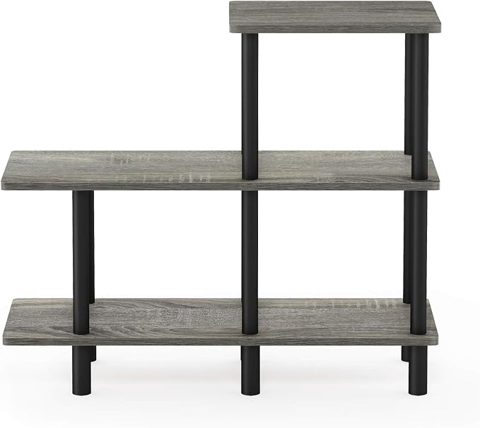 Furinno Turn-N-Tube Storage Shelves, 3-Tier Ladder Book Shelf, Accent Display Shelf, Toolless Open Shelves, Round Tubes, for Organization and Storage, Living Room, Garage, Home Office, Grey Oak