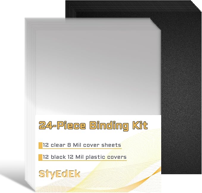 24PCS Binding Covers and Backs Set, 8.5 x11 Inch Clear Book Cover | 12Pcs 8mil Clear PVC Binding Cover, 12Pcs 12mil Black Poly Cover, Letter Size, Un-Punched, Square Corners, for Home Office