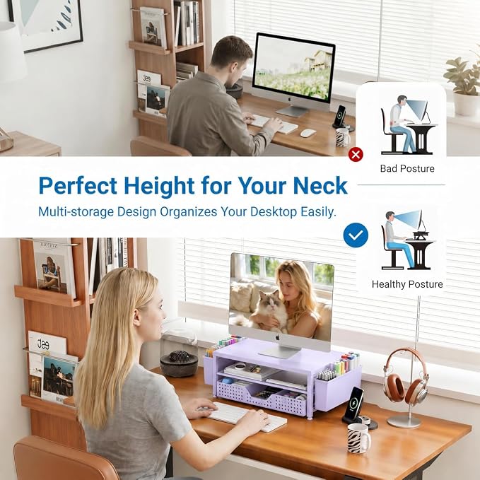 Desk Organizers and Accessories, Computer Monitor Stand Riser with Drawer and 2 Pen Holders, Printer & Laptop Stand, Office Desk Accessories & Workspace Organizers for Home Office Supplies, Purple
