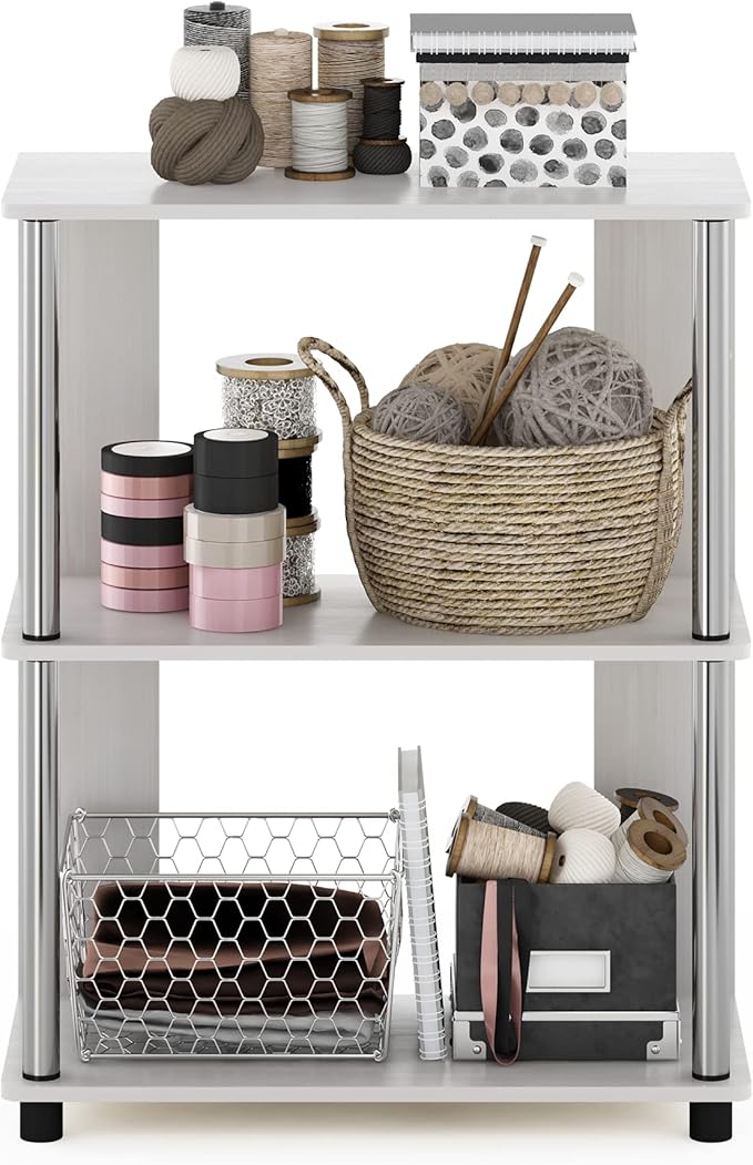 Furinno Jaya Simple Design 3-Tier Bookcase / Bookshelf / Display Rack with Stainless Steel Tubes, White Oak | 11.6 x 23.6 x 30, Storage Shelves, Shelving Unit, for Organization and Storage, Living Room, Garage, Home Office