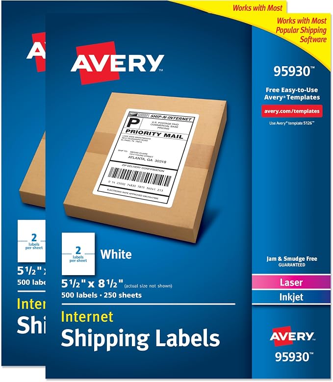 Avery Half Sheet Shipping Labels, 5.5" x 8.5", White, 500 Blank Mailing Labels, Laser/Inkjet Printable, Great for Packages, Product Merchandising, Organization, and More, 1000 Total (2 Packs of 95930)