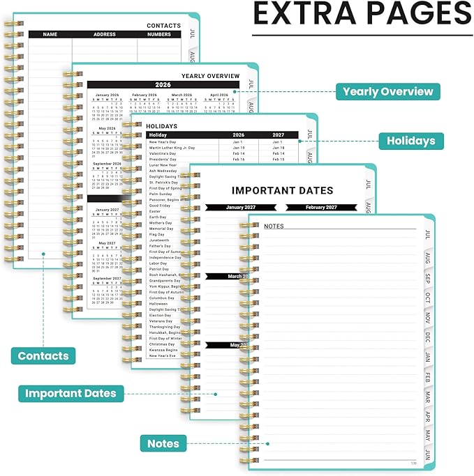 Taja Planner 2026-2027, Jul 2026-Jun 2027 Monthly & Weekly Calendar Book | 6.3" x 8.5", Hardcover Academic Calendar with Tabs, Teacher Student Agenda Book for School Office Supplies - Aquamarine