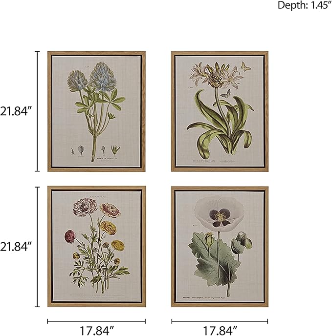 Madison Park Botanical Wall Art Living Room Decor - Vintage Floral Linen Canvas Framed Wall Art Farmhouse Lifestyle Home Office Wall Decor, Ready to Hang Painting for Bedroom, Herbal, Green 4 Piece