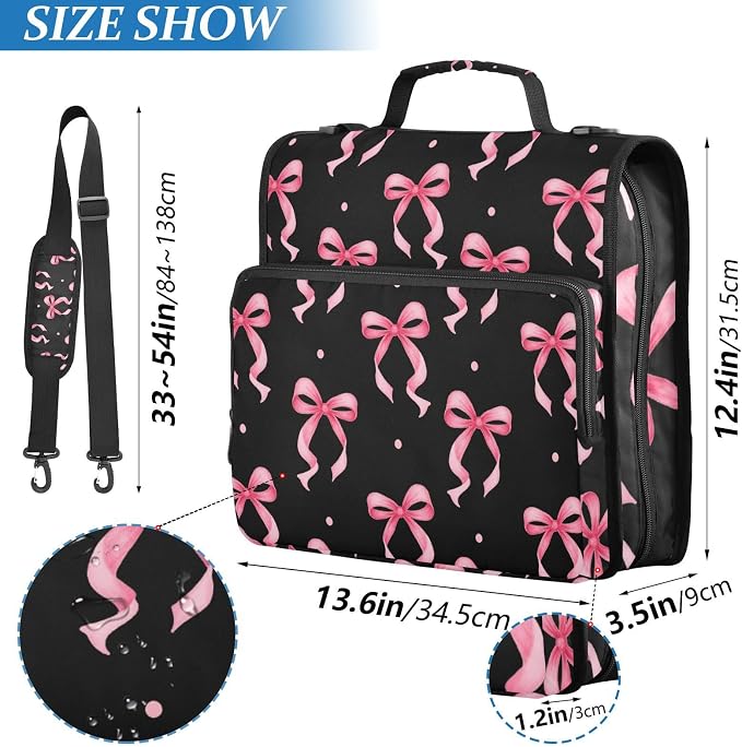 3 D-Ring Zipper Binder Bag, Pink Ribbon Bow Dots Black Pattern Removable Binder with Zipper Case Hold 300+ Sheets& 13 Inch Laptop for School Office Supplies Organizer