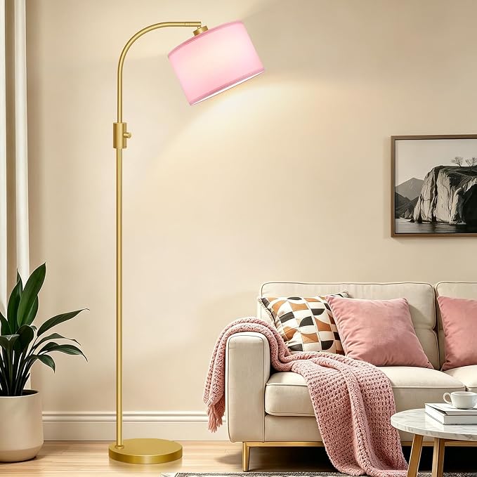 Nintiue Dimmable Floor Lamp, 1200 Lumens LED Edison Bulb Included, Arc Gold Floor Lamps for Living Room Modern Standing Lamp with Pink Linen Shade