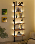 6-Tier LED Ladder Shelf, Wall Mounted Pipe Bookshelf, Walnut Brown 24 Inch | Solid pine 6-tier wall mounted pipe bookshelf with warm LED lights, 30 lb shelves, for books, plants and decor