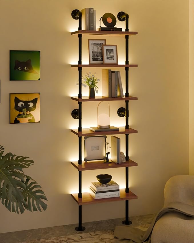 6-Tier LED Ladder Shelf, Wall Mounted Pipe Bookshelf, Walnut Brown 24 Inch | Solid pine 6-tier wall mounted pipe bookshelf with warm LED lights, 30 lb shelves, for books, plants and decor