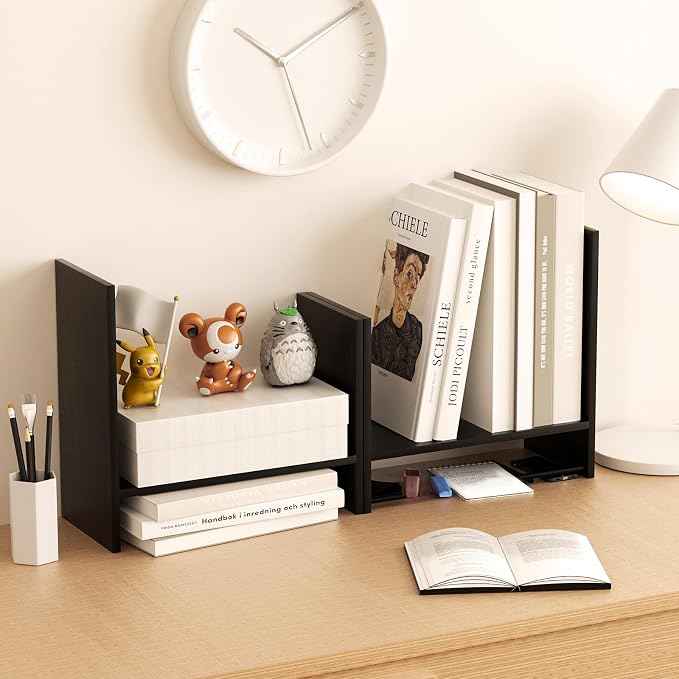Desk Shelves Wood Desktop Orgnizer Shelf.Office Organization for Top of Desk Organizers and Accessories Bookshelf Shelving,Adjustable Tier H-Shape Mini Bookcase(Black)