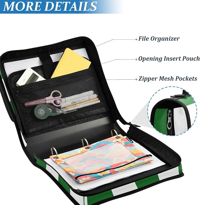 Dark Green White Checkered 3 Ring Zipper Binder with Handle 1.5 inch Binder Organizer, Multi Pockets Office File Folder with Shoulder Strap 500 Sheet Capacity
