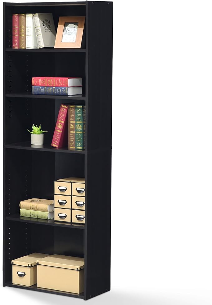 FURINNO Wright 5-Shelf Bookcase, Cinnamon Cherry | 11.6 x 24.6 x 71.3, Open Shelf, for Living Room, Bedroom, Home Office