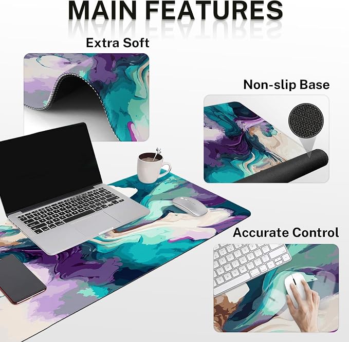 Keyboard Mouse Pad Set, 4 in 1 Desk Mat Set, Marbling Liquid | Teal Purple Large Mousepad+Keyboard Wrist Rest+Mouse Wrist Rest+Coaster Ergonomic Design for Home Office Computer