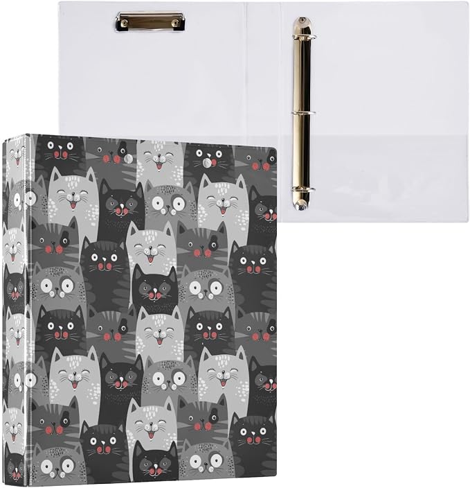 Funny Cute Kitty Cat Black and Gray Cats Binder 1.5 Inch Binder with Clipboard&Pockets, Hardcover Binders 3 Ring, Heavy Duty Large File Folder for Office School Supplies-Holds 200 Sheets, 2 PC