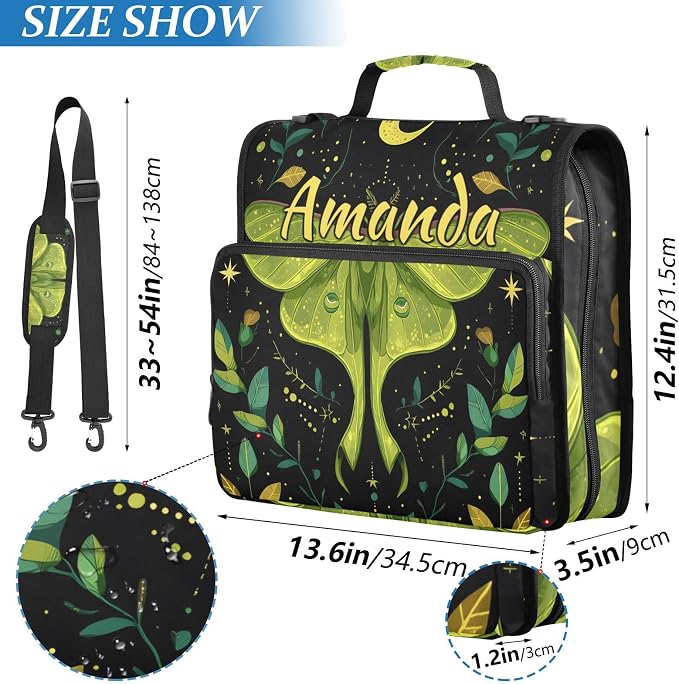 Custom 3 Ring Zipper Binder Mystical Green Moon Moth Boho Personalized Name 1.5 inch Binders Large Capacity Multi Pockets for School Office Supplies