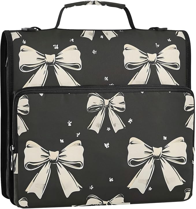 3 Ring Zipper Binder with Shoulder Strap Black White Bow 1.5 inch Binders Keeper Large Capacity Multi Pockets for School Office Supplies
