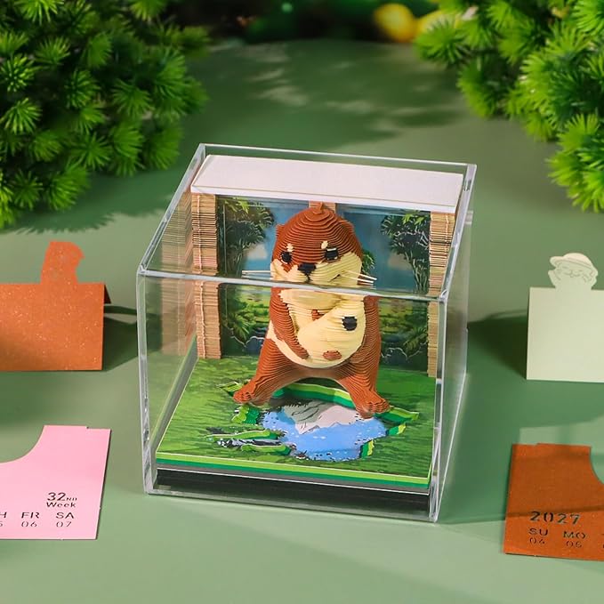 3D Time Piece Calendar, 2027 Desk Calendar With LED Light, 3d Tree Memo Pad Creative Desk Calendar, Christmas Gift for Colleague Friend, Desktop Decoration(Sea Otter)