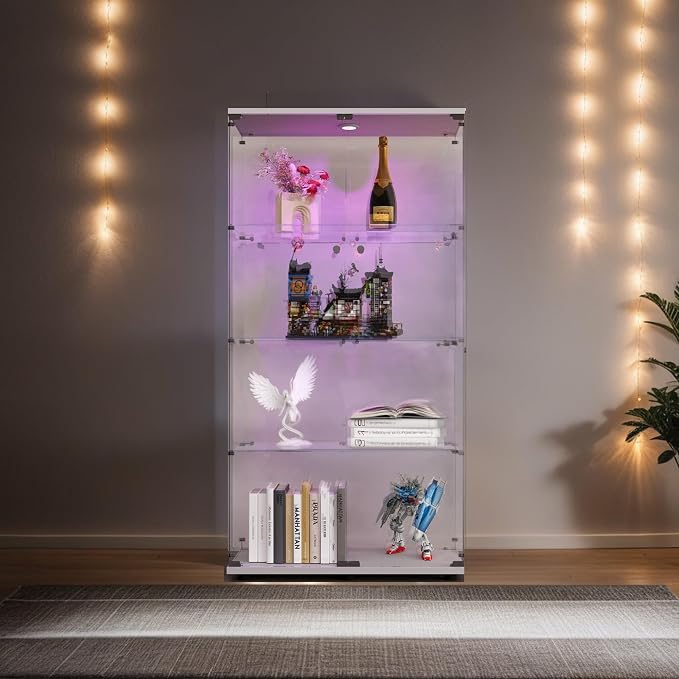 Frameless Glass Display Cabinet, Curio Cabinet Display Case with LED Lights and Lock, 2 Doors Quick-Install Floor Standing Showcase Display Shelf for Collectibles, Legos, Figures, Plants