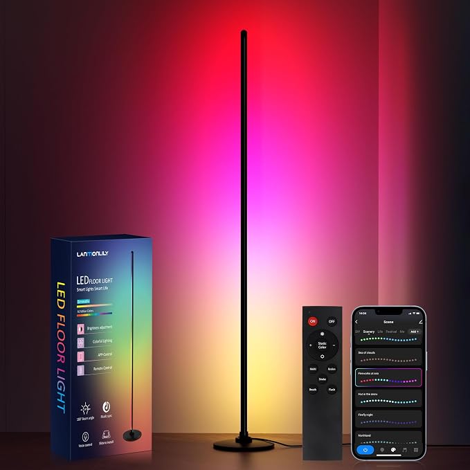 Lanmonlily LED Floor Lamp, Corner Lamp Compatible with Alexa, Smart Modern Floor Lamp with Music Sync 16 Million Colors & 68+ Scene RGBICW Floor Lamp for Bedroom Living Room and Gaming Rooms