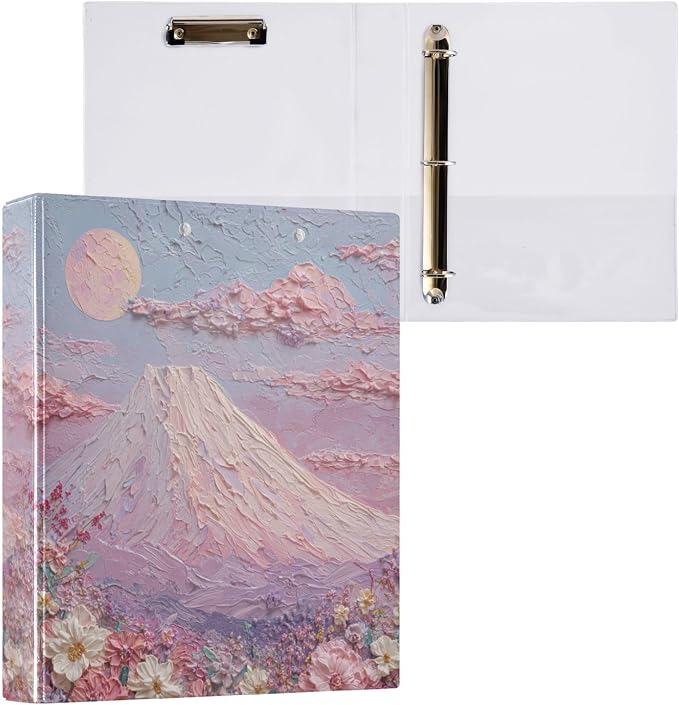 Flower Blossom Hill Pastel Pink Binder 3 Ring 1.5 Inch Binder with Clipboard&Pockets, Hardcover Binders Heavy Duty Large File Folder for Office School Supplies - Holds 200 Sheets