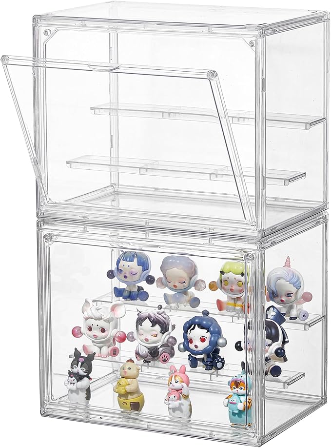 Acrylic Display Case for Collectibles, 3 Tier Figure Display Box 2 Pack | Clear Stackable Display Stand with Magnetic Door, 2 Movable Plates, Small Easy Assembly Showcase for Mini Action Figures