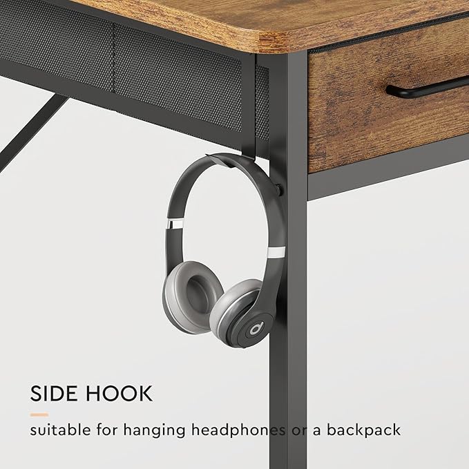 Small Desk with Drawers, 31.5X15.8-22.9 Inches Office Computer Desk with Side Pocket & Ergonomic Monitor Stand, Writing Table for Small Spaces, Bedroom, Kids Desk, Vanity Desk, Rustic Brown