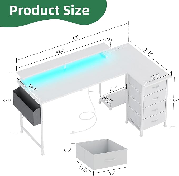 VERMESS 63" Reversible L Shaped Gaming Computer Desk, Corner Desk with Power Outlets & Monitor Stand, Writing Study Table with 4 Storage Drawers, Desk with LED Lights, White