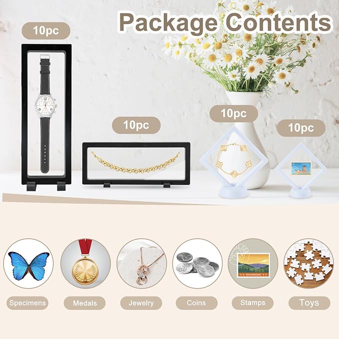 40 Pcs Floating Display Case, 3D Challenge Coin Holder Frame | PE Film, Black, Storage Box with Stands, Perfect for Preserving and Displaying Jewelry, Rocks, Medallion, Shells, Gems, Pins