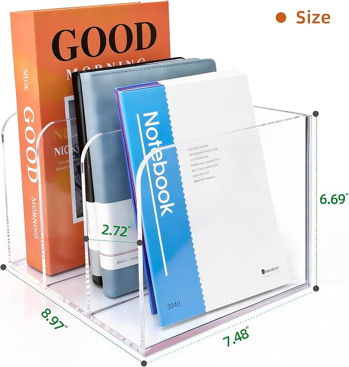 Clear Acrylic 3-Slot Magazine File Holder, Vertical Desk Organizer | 3 extra-wide compartments hold magazines, files, books, tablets. 5mm thick clear acrylic, non-slip base. No assembly.