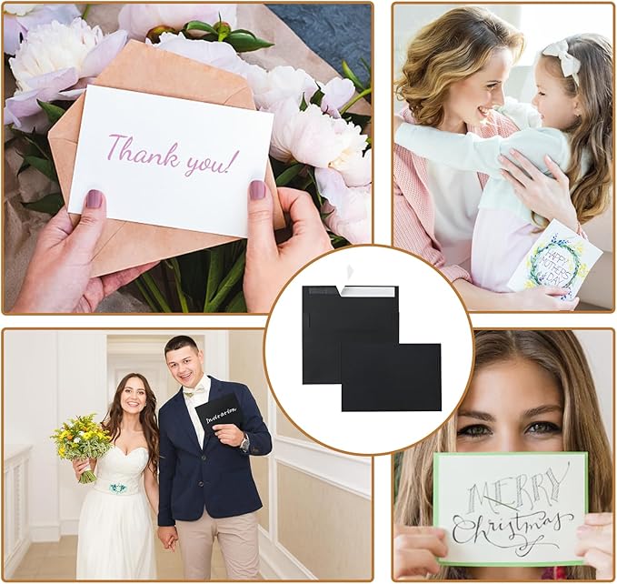 Silunkia 100 Packs Black Blank Cards and Envelopes 4.25 x 5.5 Heavyweight Single Panel Cardstock and A2 Envelopes Printable Self Seal for DIY Greeting Cards, Wedding Invitations, Graduations