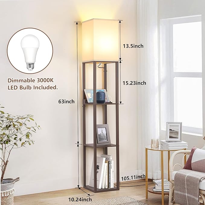 Floor Lamp with Shelves Touch Control Charging USB Type C Brown | 3-Tier Modern Square Bookshelf Lamp, Corner Standing Light with Power Outlet Dimmable LED for Living Room Bedroom Office
