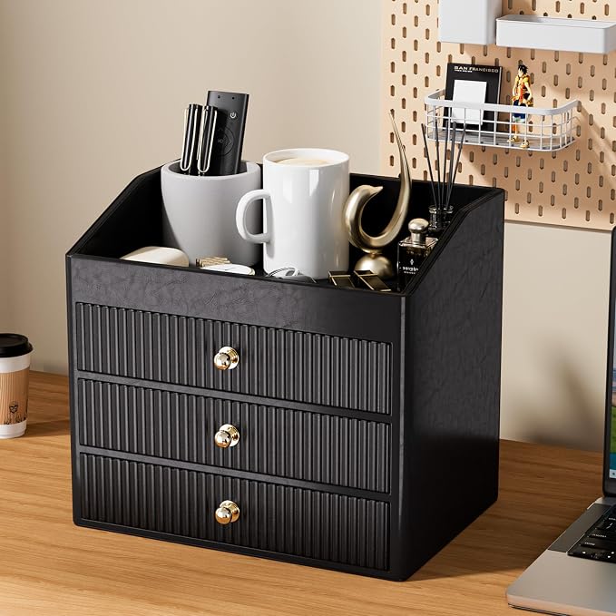 LADSTAG Desk Organizers and Accessories,Black Vegan Leather Desktop Organizer with 3 Drawers & Tray for Bedroom,Bathroom,Lipstick,Nail Polish,Skincare,Perfume,Jewelry Box