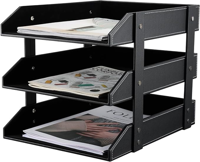Letter Tray, Leather Paper Organizer Tray, Wooden Desk File Holder, Desktop File, Stackable Magazine Holder, Mail Sorter, Great for Home or Office - 3 Level Black