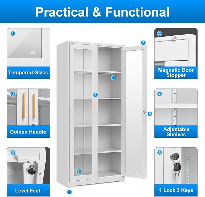 Polup 71" White Metal Glass Display Cabinet with Security Lock | 5-Tier Curio Case & Tempered Doors, 4 Adjustable Shelves, Heavy-Duty China Storage for Living Room, School & Commercial