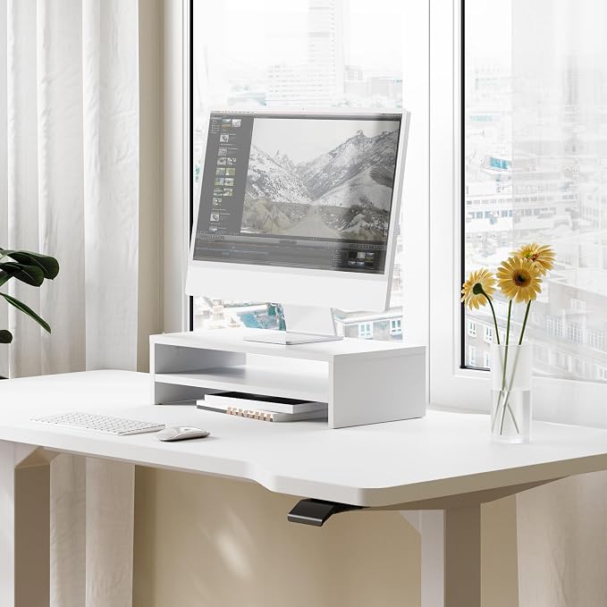 FITUEYES Wooden Monitor Stand Riser, 2-Tier Desk Storage Shelf, White | 21.3-Inch Desktop Organizer Fits Laptop, Computer Screen and Office Supplies