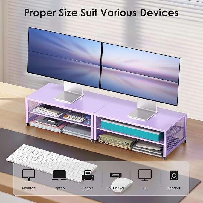 ECOLOVI 2-Tier Computer Monitor Stand Riser, Printer & Laptop Stand, Office Desk Accessories, Workspace Desk Organizer for Home Office Supplies, Purple