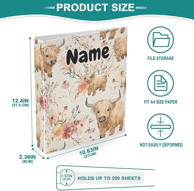 Custom 3 Ring Binder Cute Highland Cows Flowers 1.5" Round Ring Binders Personalized Name View Binder with 200 Sheet for Kids School Supplies Women Men Office, 1 Pack