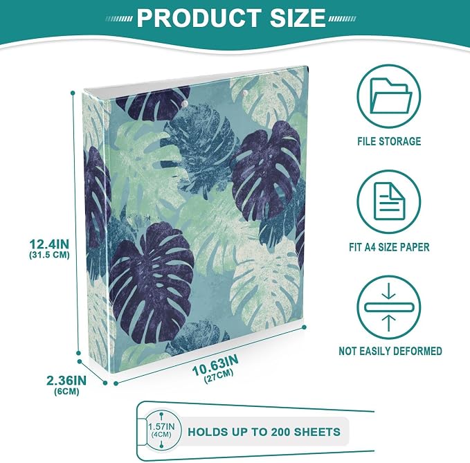 Green Blue Retro Monstera Leaf Binder 3 Ring 1.5 Inch Binder with Clipboard&Pockets, Hardcover Binders Heavy Duty Large File Folder for Office School Supplies - Holds 200 Sheets,2 PC