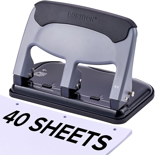 Bostitch EZ Squeeze 3 Hole Paper Punch, 40 Sheet Capacity, Heavy Duty Metal Office Hole Puncher with Chip Tray, Non-Slip Base & Paper Guide, 9/32" Holes for Binders, School & Home Office