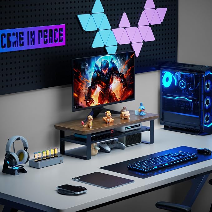 Monitor Stand Riser, 24 Inch Computer Monitor Stand for Desk, 2-Tier Wood Desk Shelf Organizer with Storage, Desktop Stand for Laptop/Screen/PC/Printer, Ergonomic Home Office Monitor Stand