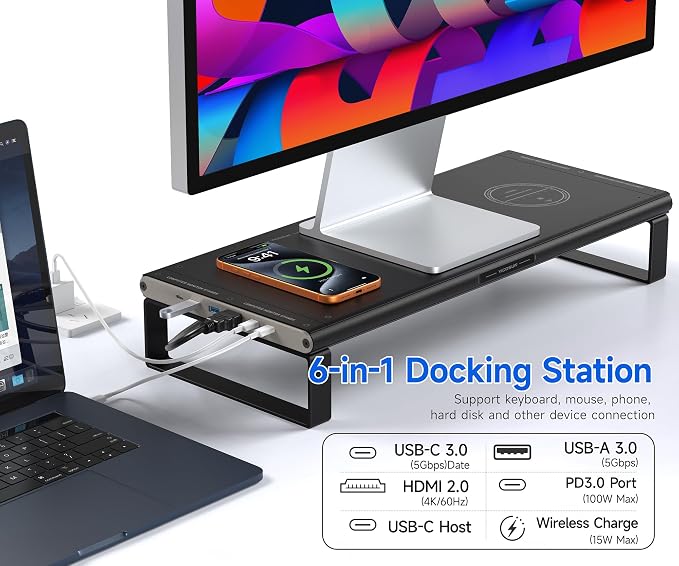 YICOSUN Monitor Stand HUB - Aluminum Riser with 6-in-1 Docking Station: 4K HDMI, USB-C, USB 3.0, PD 100W, Wireless Charging, Drawer Organizer - Black