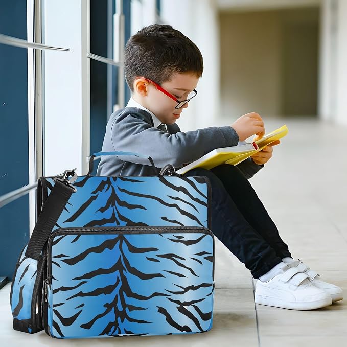 3 D-Ring Zipper Binder Bag, Blue Tiger Black Stripes Pattern Removable Binder with Zipper Case Hold 300+ Sheets& 13 Inch Laptop for School Office Supplies Organizer